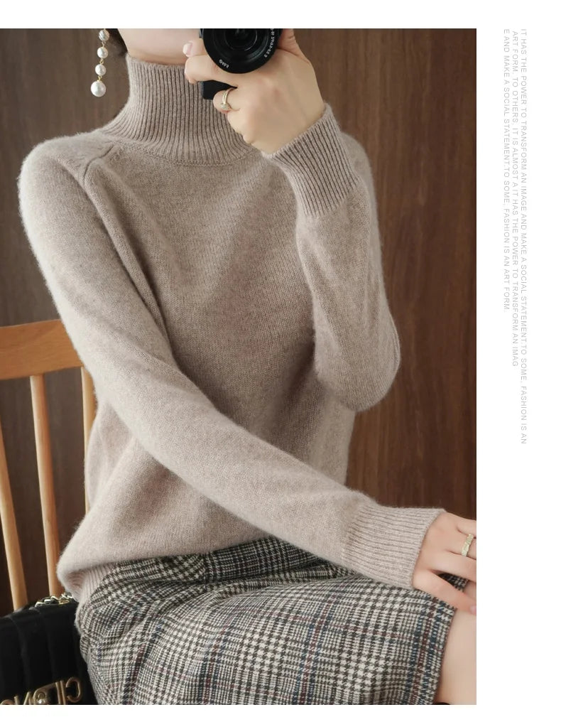 Fashion Basic Autumn Winter Merino Wool Sweater Mock Neck Cashmere Pullover Solid Color Soft Long Sleeve Basic Clothing Tops