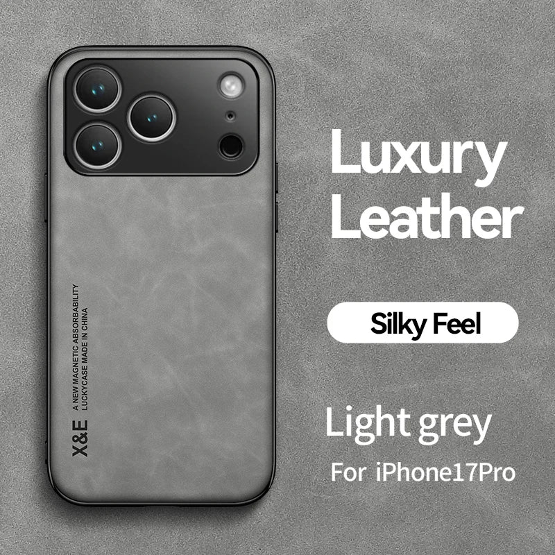 Luxury Leather Case For iPhone 17 18 16 15 14 13 12 11 Pro Max Plus 13 12 Mini Air 16E Cover With Metal Plate Support Car Hold