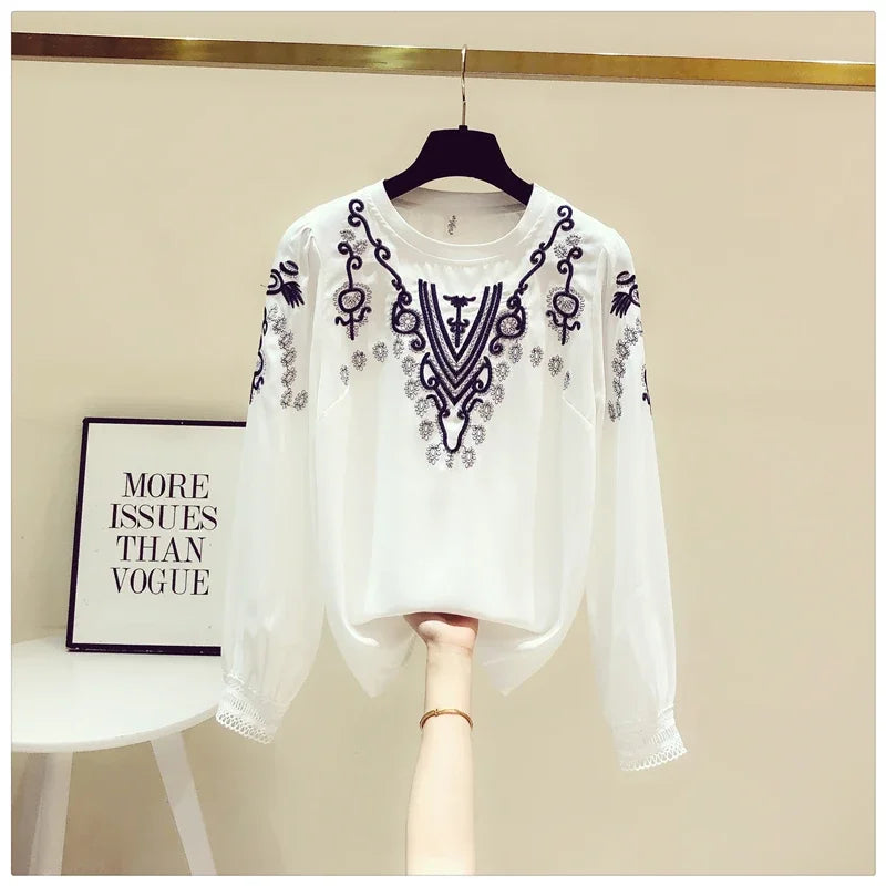 Korean Fashion Embroidery White Blouse Female Chiffon Female Long-sleeved Blusa Early Autumn New Shirt Tops KK1471