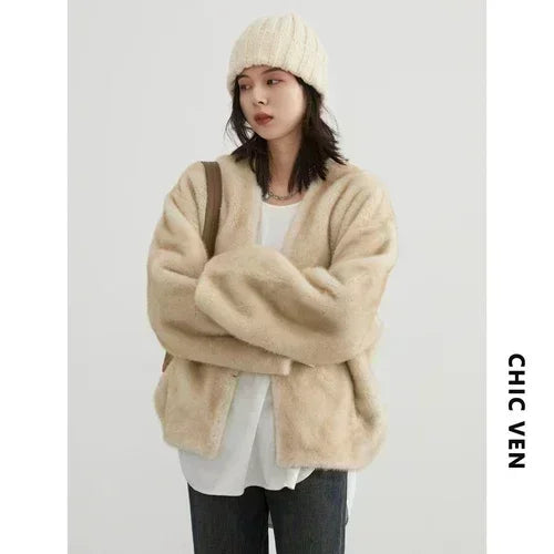 CHIC VEN Women's Jacket Loose Casual Solid Overcoat New Female Plush Coat V-neck Woman Outerwear Autumn Winter 2026