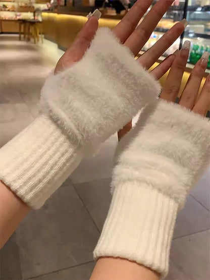Guantes tejidos de felpa sin dedos para mujer – Calentadores de muñeca suaves