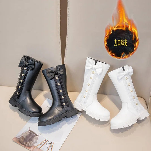 Girls' Waterproof Knee-High Boots with Bow & Lace
