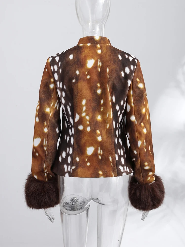 Street Leopard Print Fur Cuffs Jacket Women Stand Collar Full Sleeve Buttons Jackets 2026 Autumn Winter Fashion Lady Outwear