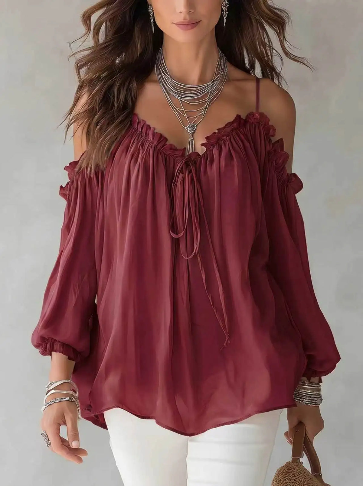 Elegant Off Shoulder Blouse Ruffled V Neck Lace Up Puff Sleeve Chiffon Shirts Loose Casual Summer Fashion Women Long Sleeve Top