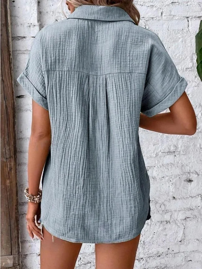 Women Casual Cotton Blouse Vintage Summer Short Sleeve Slim Shirt Elegant Turn Down Collar Solid Tunics Harajuku Streetwear Tops