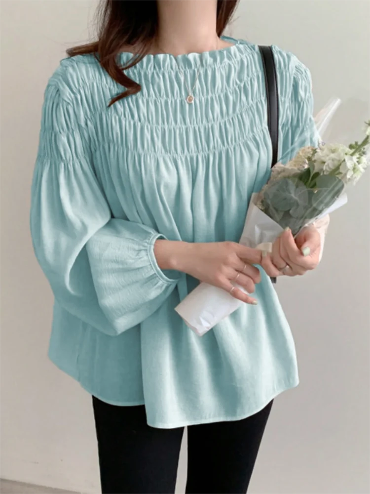 Korean Chic Sweet Elegant Chiffon Blouse With Puff Sleeves Round Neck Pleated Design for Women's Summer Shirts Loose Casual Top