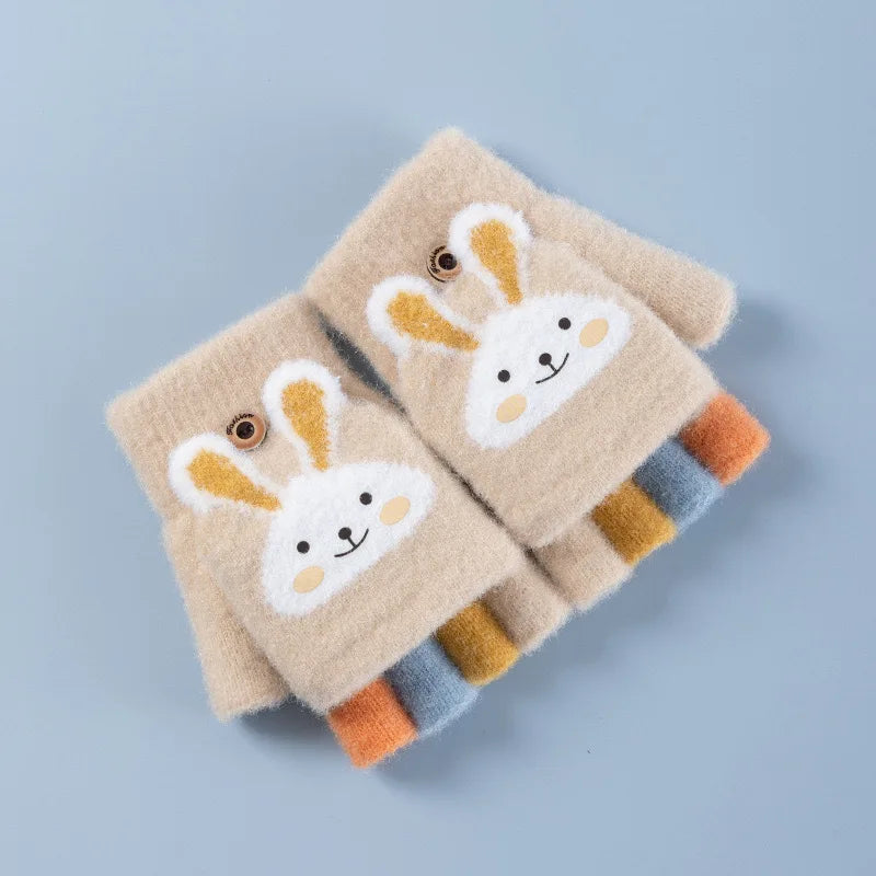 Kids' Bunny Flip-Top Knit Gloves – Half-Finger Mittens (Ages 4–11)
