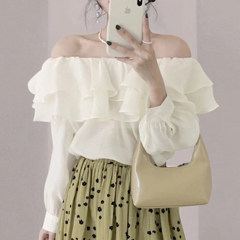 2026 Korean Elegant Sweet Lyocell Blouse Fashion Autumn Off Shoulder Ruffle Slash Neck Long Sleeve Shirt Plus Size Spring Tops