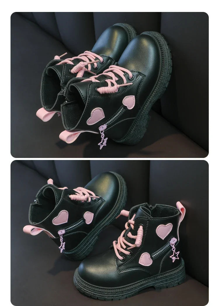 Black/pink Girls Leather Boots Velvet with Anti Slip Low Cut Side Zipper Winter Outdoor Girls Fashion Single Boot