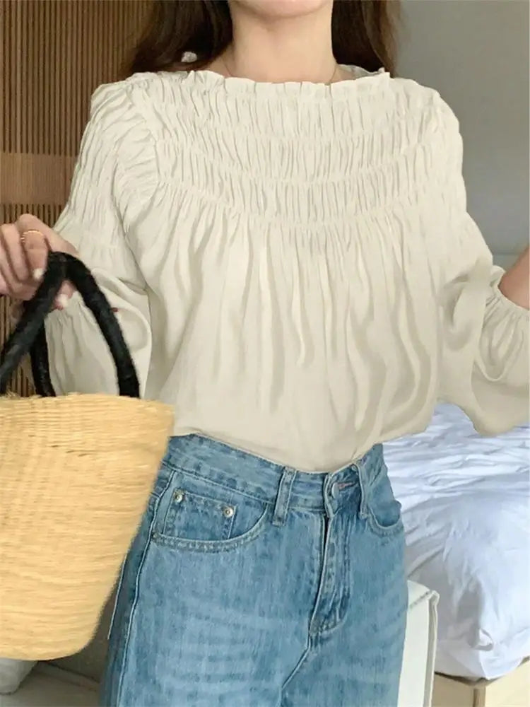 Korean Chic Sweet Elegant Chiffon Blouse With Puff Sleeves Round Neck Pleated Design for Women's Summer Shirts Loose Casual Top