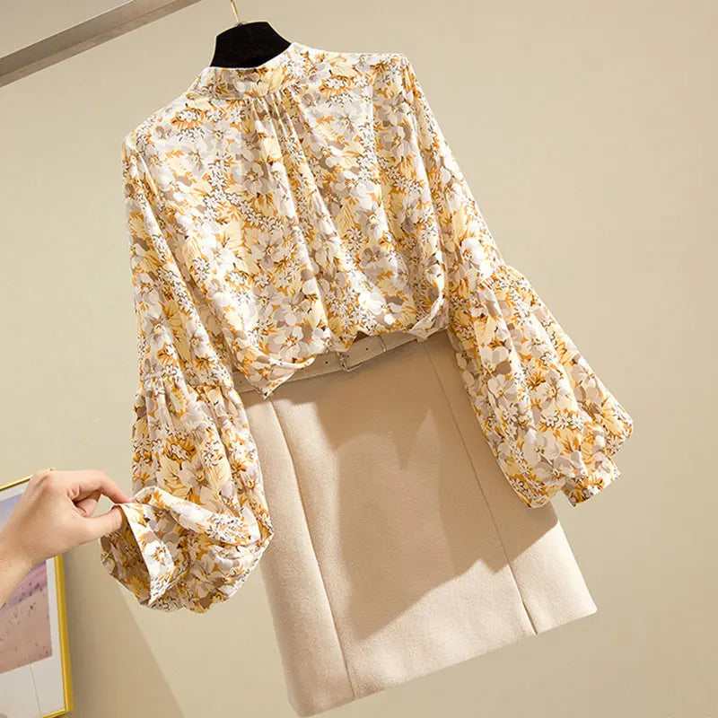 Floral Print Vintage Chiffon Stand Collar Lantern Sleeve Pullover Women's Blouse Shirt Casual Female Clothing Tops Fashion 2024