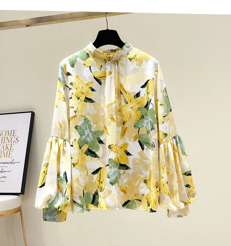 Yellow Floral Printing Chiffon Stand Collar Lantern Sleeve Pullover Women's Blouse Shirt Casual Female Clothing Tops Fashion