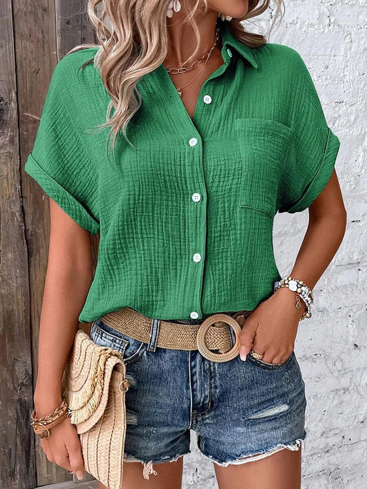 Short-Sleeve Cotton-Blend Button-Up Blouse