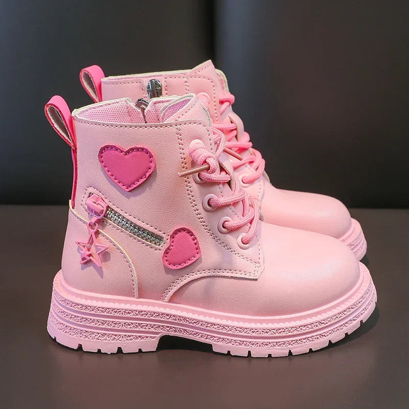Black/pink Girls Leather Boots Velvet with Anti Slip Low Cut Side Zipper Winter Outdoor Girls Fashion Single Boot