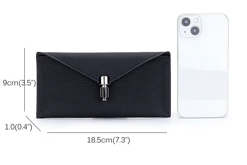 Genuine Leather Envelope Wallet for Women – Slim Long Clutch with Lock Clasp