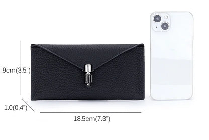 Cartera tipo sobre de cuero genuino para mujer – Clutch largo y delgado con cierre de seguridad