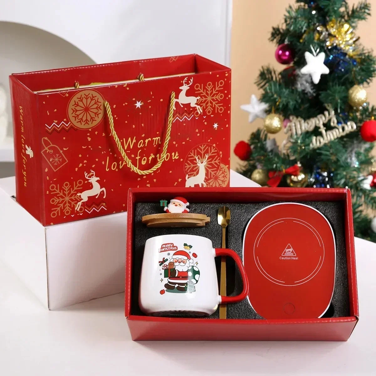 Santa Mug Warmer Gift Set – Ceramic Mug with Lid, Spoon & 55°C Warming Coaster