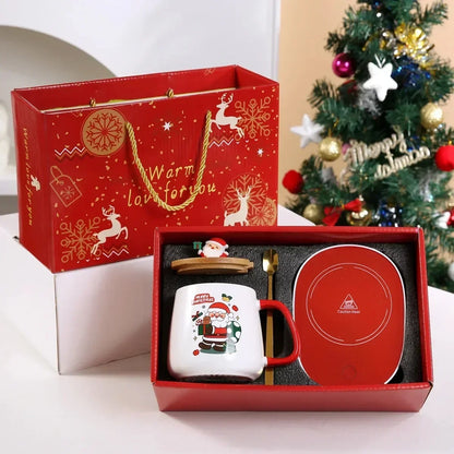 Santa Mug Warmer Gift Set – Ceramic Mug with Lid, Spoon & 55°C Warming Coaster