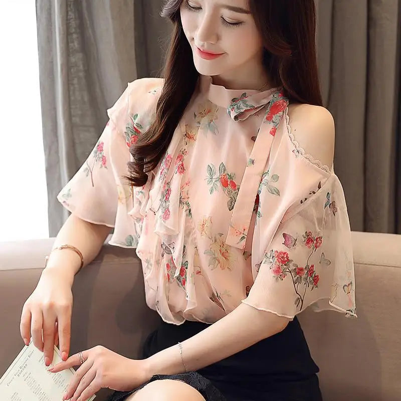 Chiffon Female Tops Floral with Puffy Sleeves Women's Shirt Blouse Modern Long Tall Elegant Luxury Korean Popular Clothes Pretty