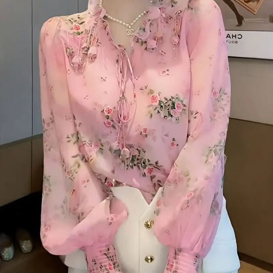 Floral Tassel V-Neck Blouse