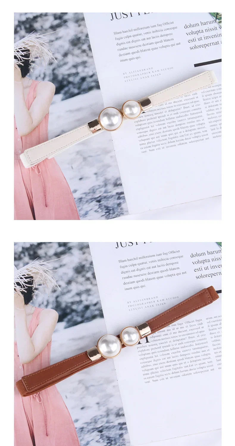 Women's Pearl Elastic Waist Belt – Vintage Hook Belt for Sweaters & Coats