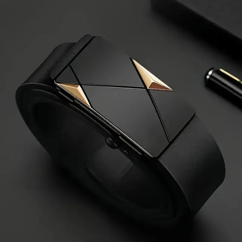 Men's Geometric Automatic Buckle Belt – Faux Leather, Gold, Silver or Gunmetal