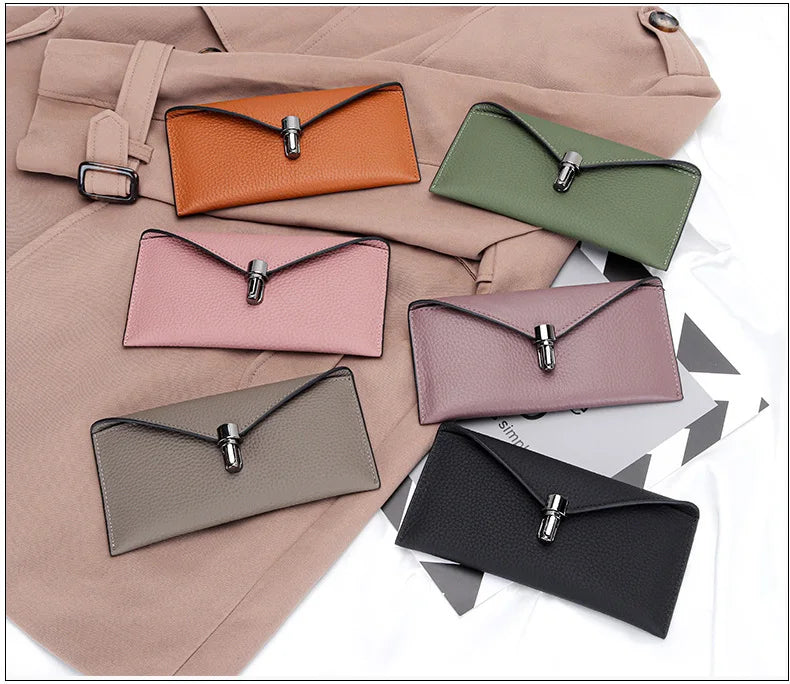 Genuine Leather Envelope Wallet for Women – Slim Long Clutch with Lock Clasp