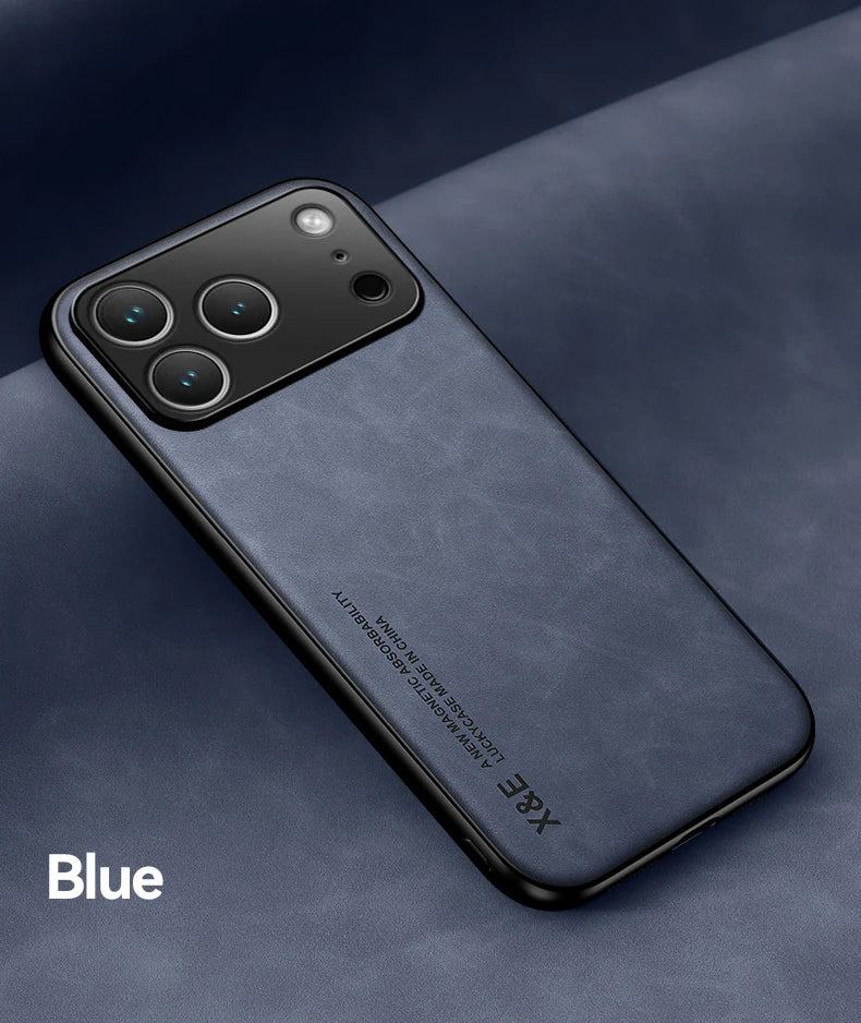 Luxury Leather Case For iPhone 17 18 16 15 14 13 12 11 Pro Max Plus 13 12 Mini Air 16E Cover With Metal Plate Support Car Hold