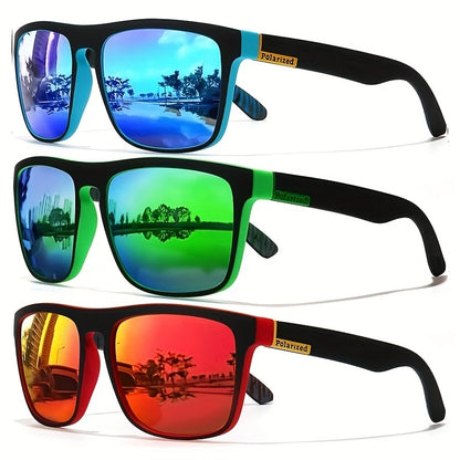 Three pairs of square sunglasses with black frames and colorful mirrored lenses are stacked vertically on a white background. The top pair has blue mirrored lenses with turquoise accents, the middle pair has green mirrored lenses with a green accent, and the bottom pair has orange-red mirrored lenses with a red accent.