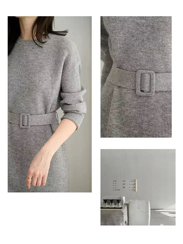 Women's Knit A-Line Midi Dress with Sash