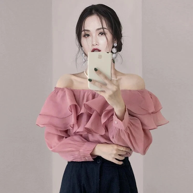 2026 Korean Elegant Sweet Lyocell Blouse Fashion Autumn Off Shoulder Ruffle Slash Neck Long Sleeve Shirt Plus Size Spring Tops