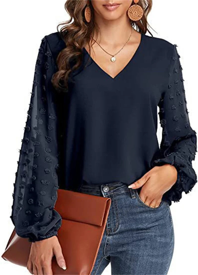 Elegant Chiffon Splicing Bubble Sleeve Blouse Female British Style Comfortable Commuter Shirt Women's V Neck Pullover Loose Tops
