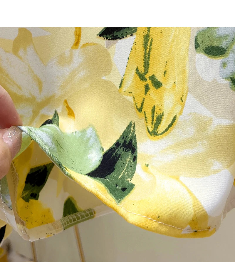 Yellow Floral Printing Chiffon Stand Collar Lantern Sleeve Pullover Women's Blouse Shirt Casual Female Clothing Tops Fashion