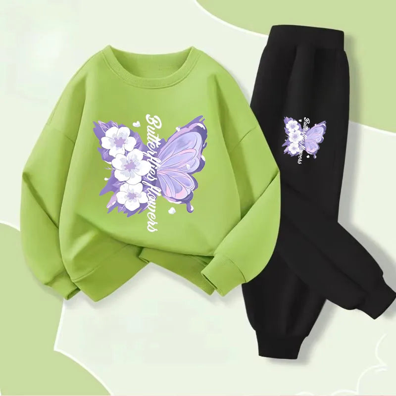 Girls' Butterfly Print Hoodie & Pants Set - 2-Piece Spring Tracksuit, Sizes 100-150