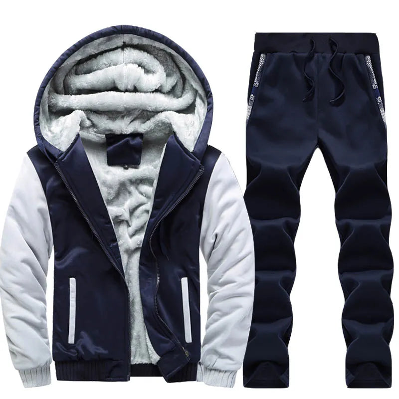 Men's Winter Jackets Thick Warm Jacket Brand Sportswear Coat Pants Solid Color Fleece Zipper Hooded Long Sleeved Male Outerwear