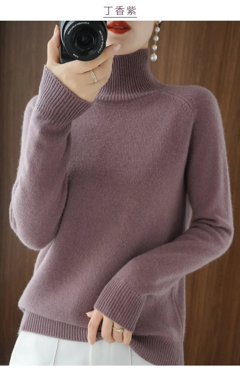 Fashion Basic Autumn Winter Merino Wool Sweater Mock Neck Cashmere Pullover Solid Color Soft Long Sleeve Basic Clothing Tops