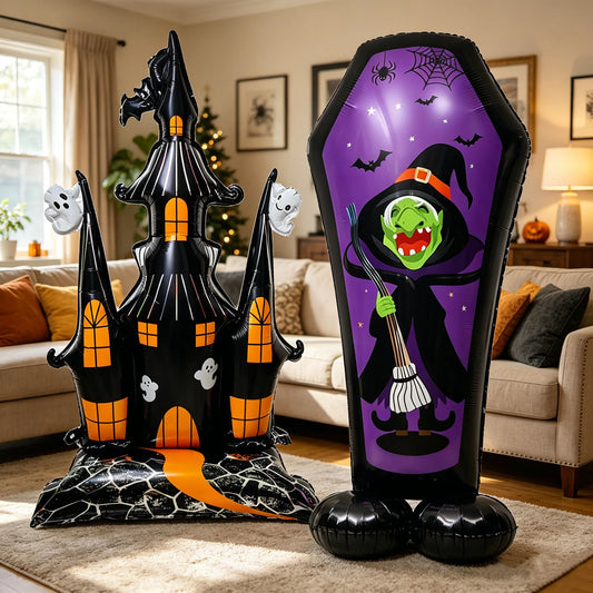 Halloween Standing Foil Balloons – Haunted House, Skull, Witch & Coffin Mylar Decorations