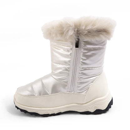 Girls' Waterproof Plush Snow Boots – White