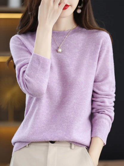 Suéter de moda 100 % lana merina, elegante jersey de cachemira para mujer, prenda básica de punto con cuello redondo y manga larga, top tipo jersey