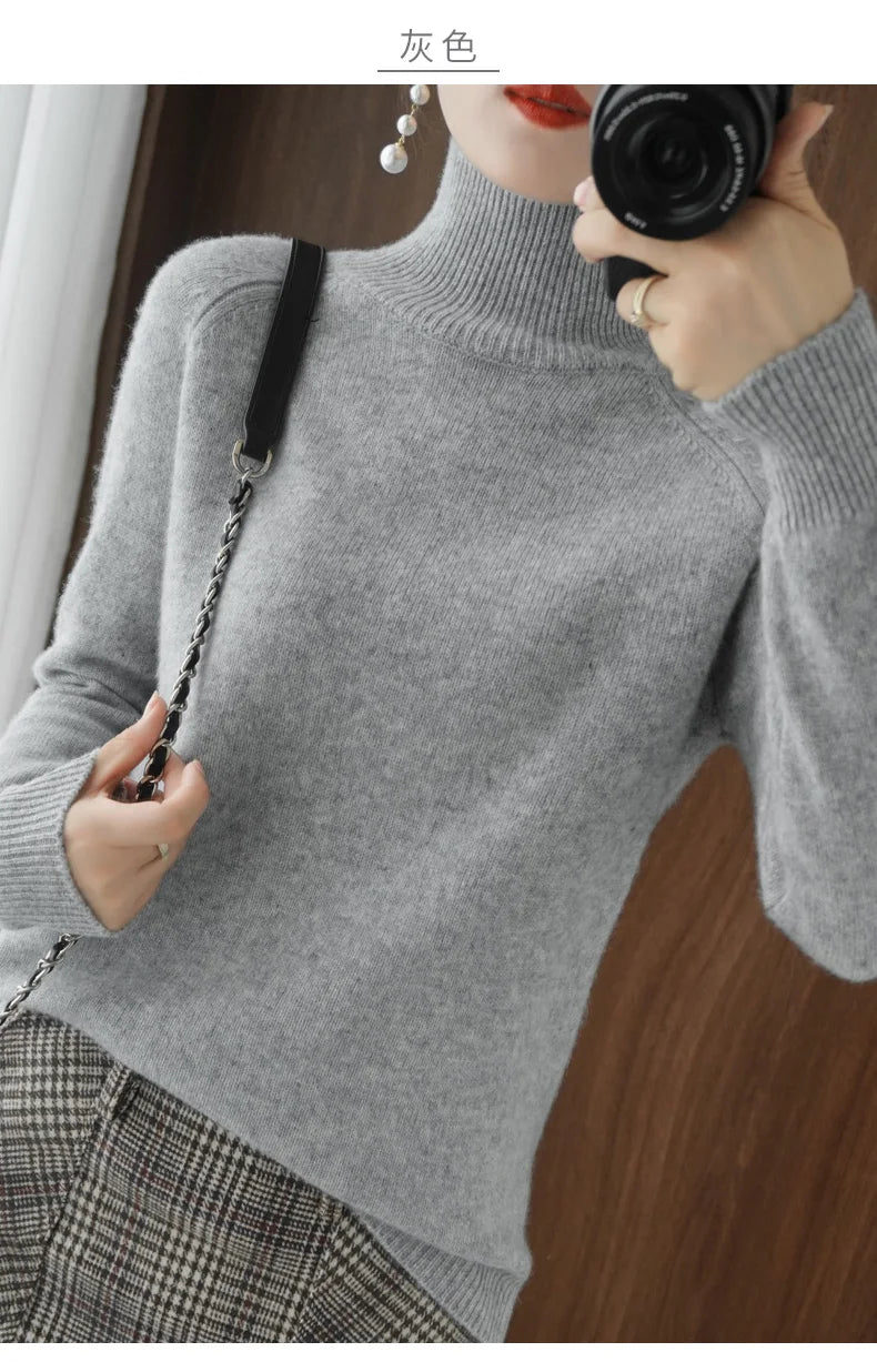 Fashion Basic Autumn Winter Merino Wool Sweater Mock Neck Cashmere Pullover Solid Color Soft Long Sleeve Basic Clothing Tops