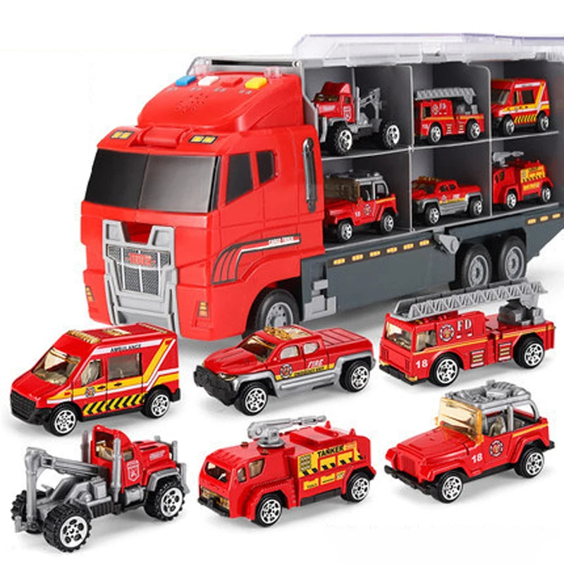 Light-Up Container Truck Toy Set – Carrier with 6 Mini Die-Cast Cars