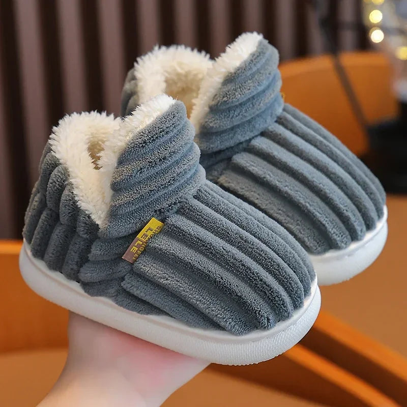 Kids' Striped Plush Slippers – Warm Non-Slip Heel-Wrap House Shoes
