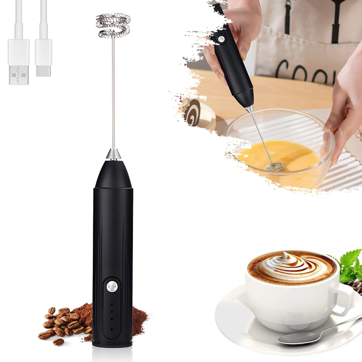 Rechargeable Milk Frother & Mini Whisk – 3-Speed Handheld Electric Frother
