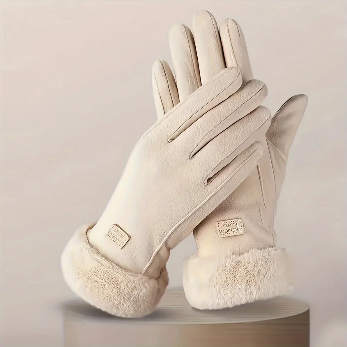 Unisex Beige Plush-Lined Touchscreen Gloves