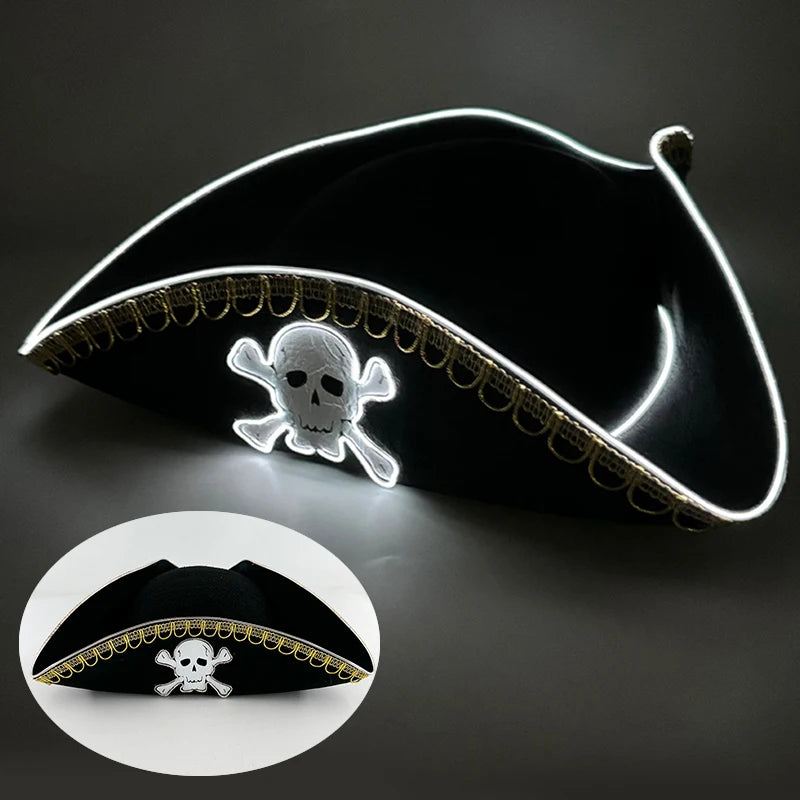 LED Light-Up Pirate Captain Hat - Glowing Tricorn Costume Hat for Halloween & Parties