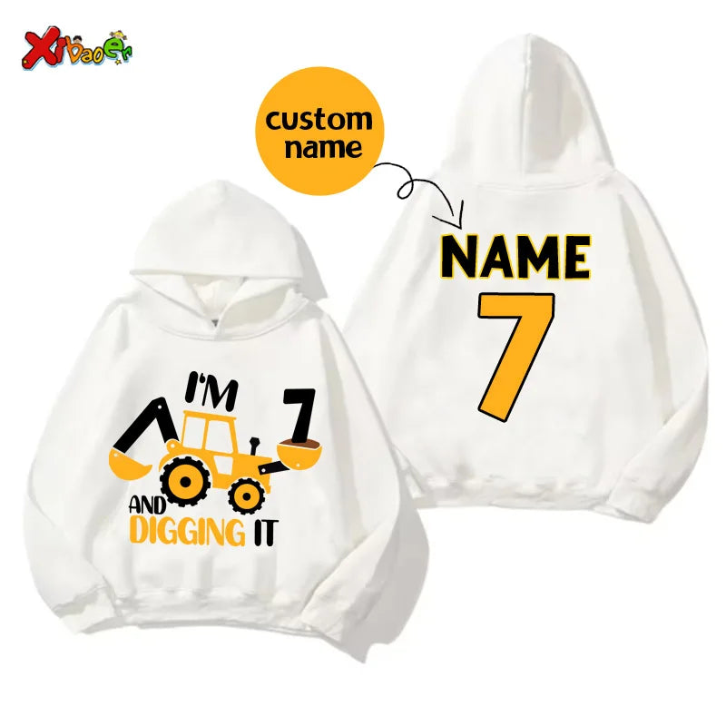 Kids' Custom Name Excavator Hoodie - Personalised Construction Birthday Sweatshirt