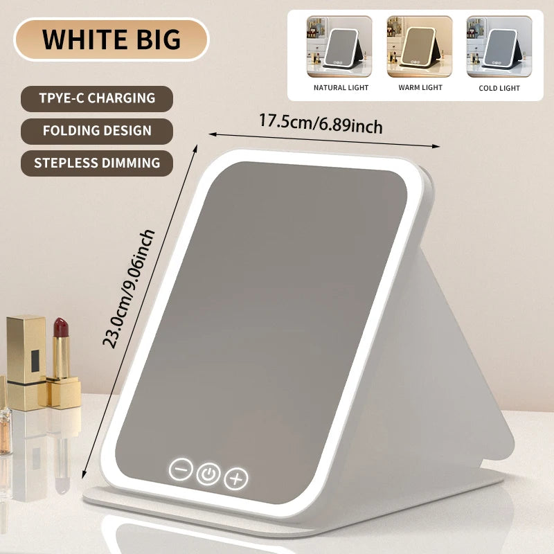 Foldable LED Makeup Mirror – 3 Light Colours, Dimmable Touch Control, Rechargeable