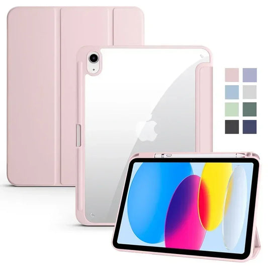 Pink tablet case with a clear back and colorful display on a white background