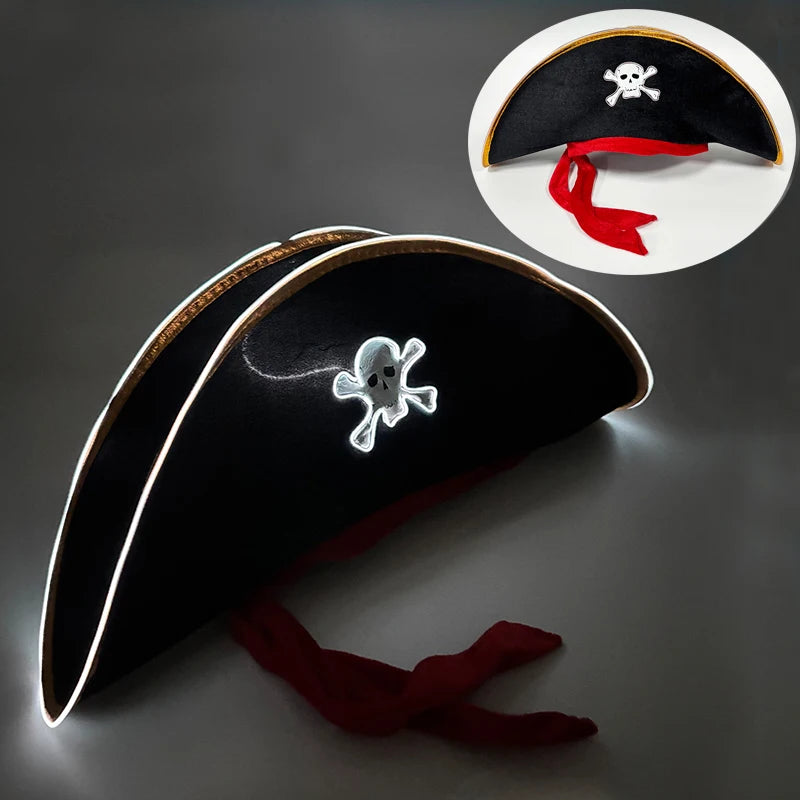 LED Light-Up Pirate Captain Hat - Glowing Tricorn Costume Hat for Halloween & Parties