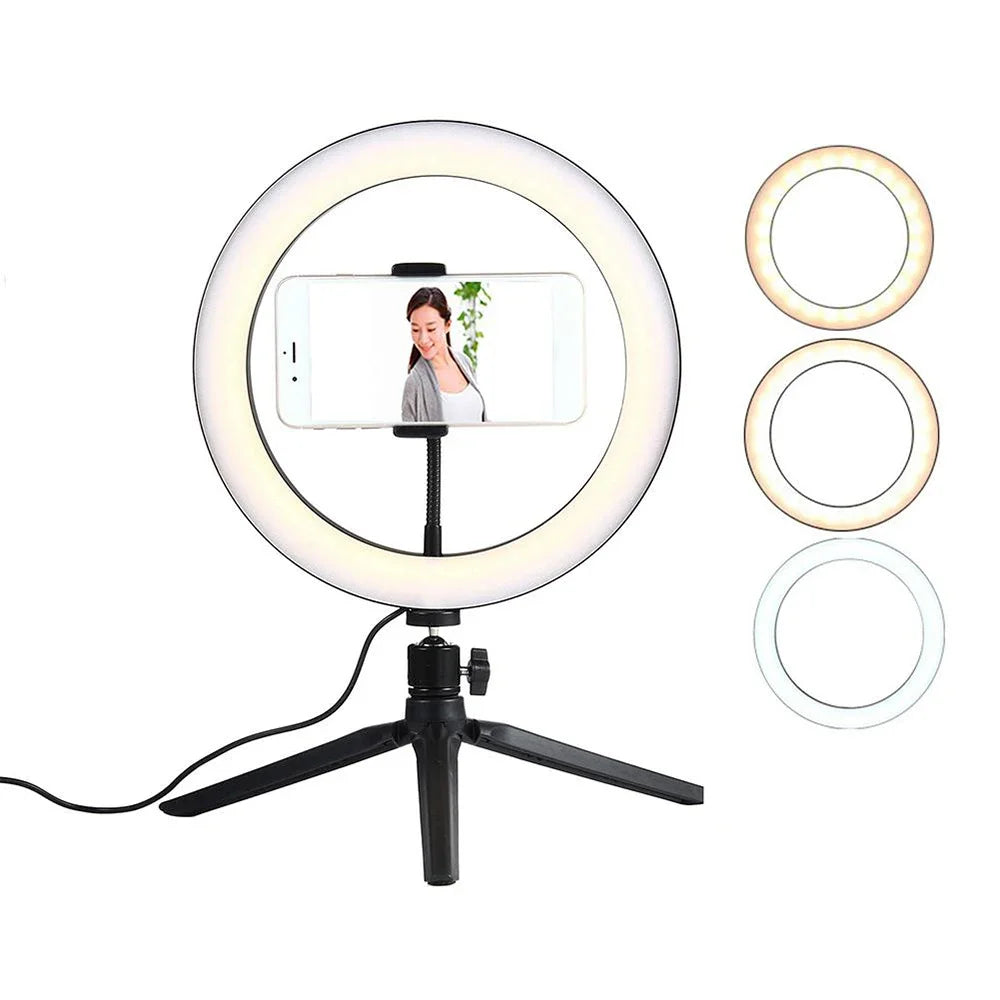 مصباح حلقي LED مقاس 10 بوصات مع حامل ثلاثي القوائم - إضاءة USB قابلة للتعتيم للبث والفيديو